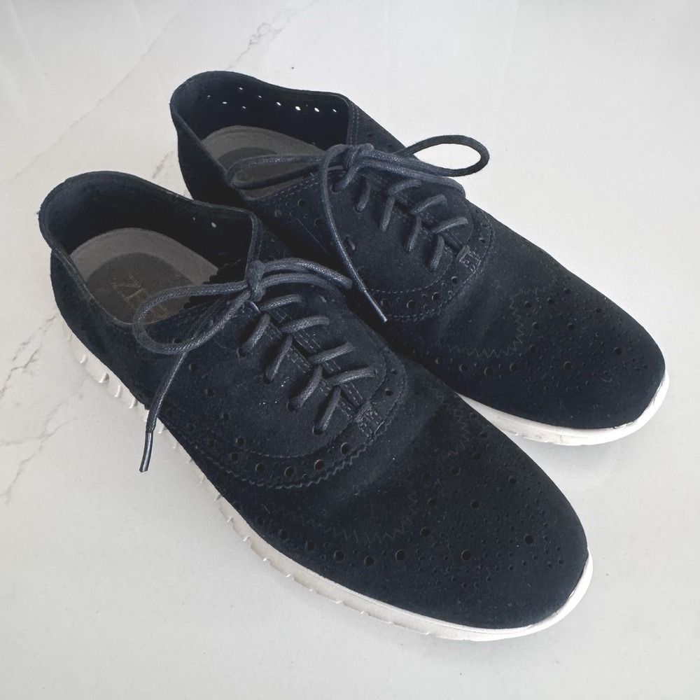 Cole Haan Zerogrand Wingtip Oxford Women 7 Black Suede Laser Cut Brogue Sneaker